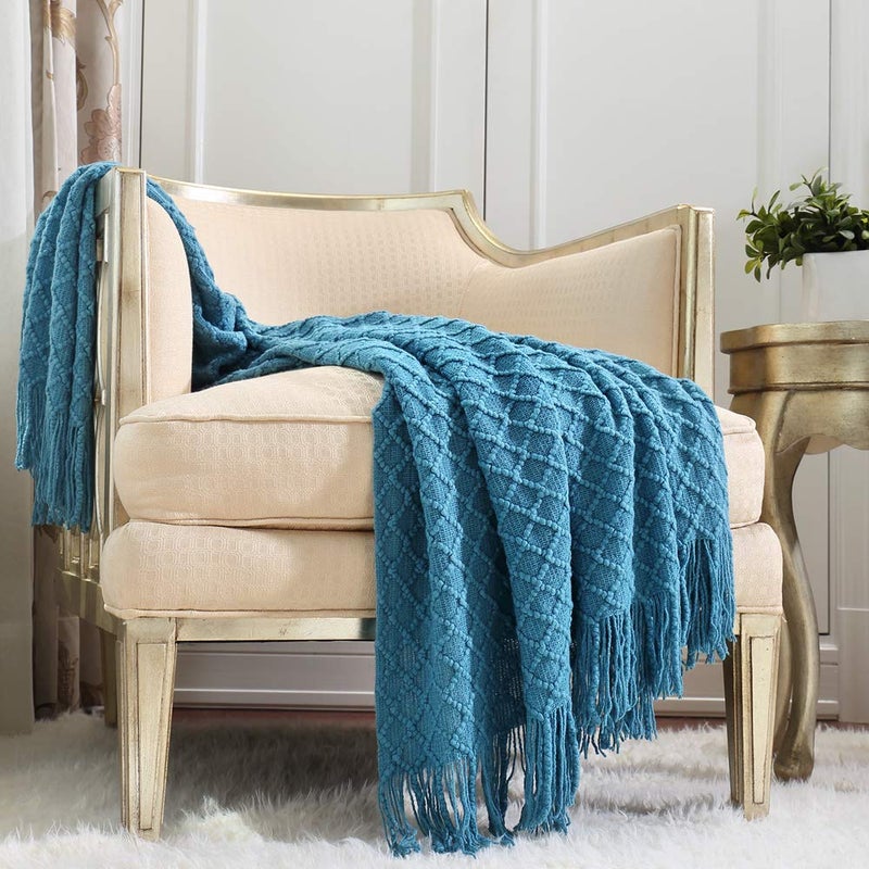 CREVENT Boho Crochet Throw Blanket for Couch Sofa Chair Bed Decoration, Gift Idea for Girlfriend Mom Birthday, Soft Warm Cozy Light Weight for Spring Summer (50''X60'' Turquoise/Dark Teal) - Image 1